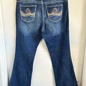 Seven7 Dark Blue Stretchy Flare Bootcut Jeans with Embroidered Pockets Sz 10